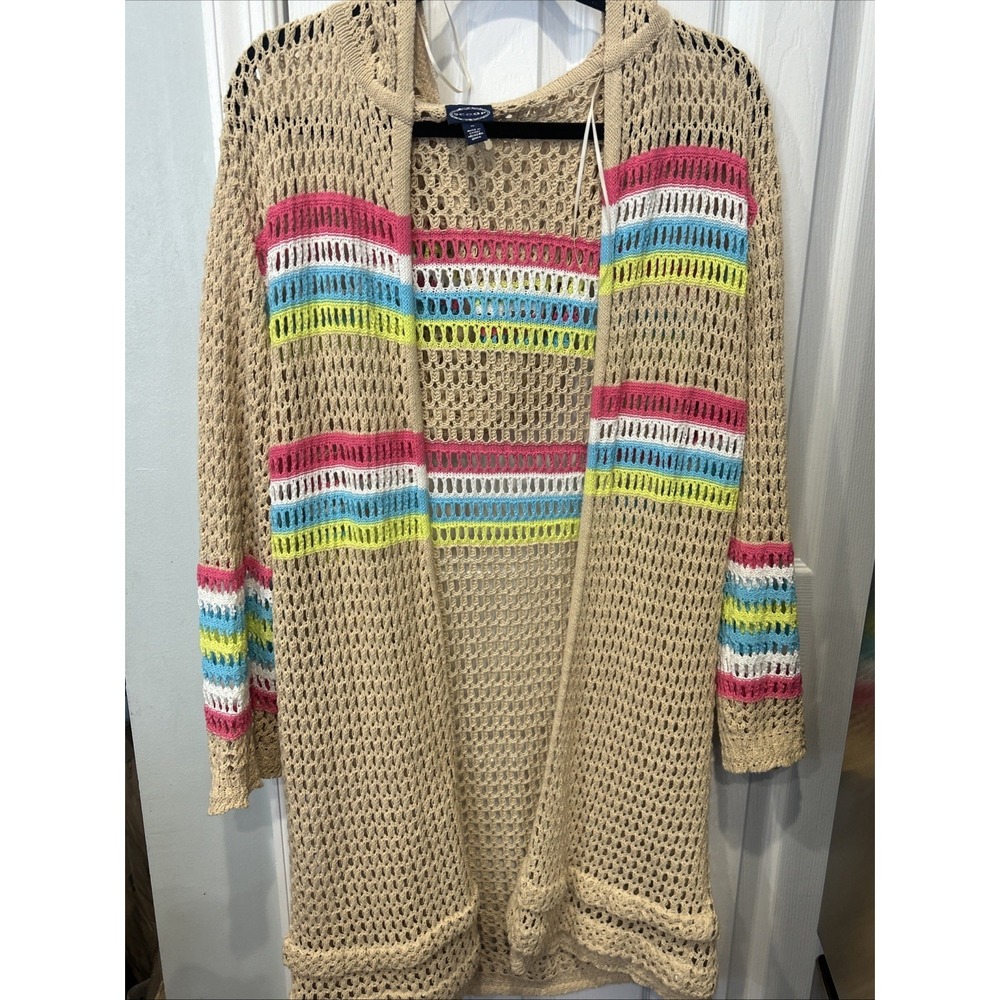 SCOOP Crochet Long Sleeve Open Knit Striped Hooded Cadigan Med Boho Beach Pool